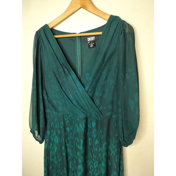 DKNY Faux Wrap Midi Dress Emerald Green Pattern Chiffon - Picture 5 of 10